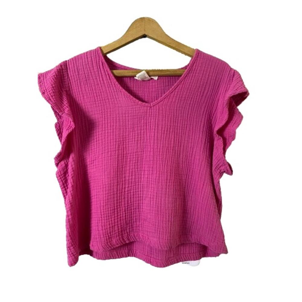 Passport Pink V-neck Gauze Ruffle Sleeve Top‎ Sz XL